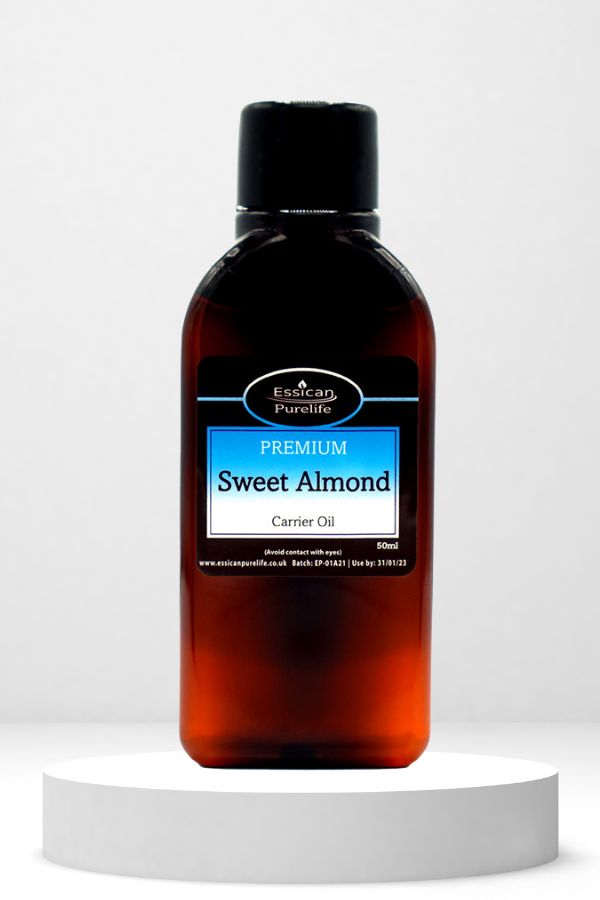 Essican Purelife Sweet Almond oil 50ml in an amber bottle.