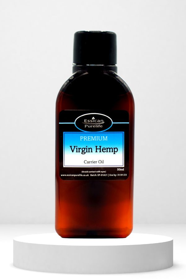 Essican Purelife Virgin Hemp oil 50ml in an amber bottle.