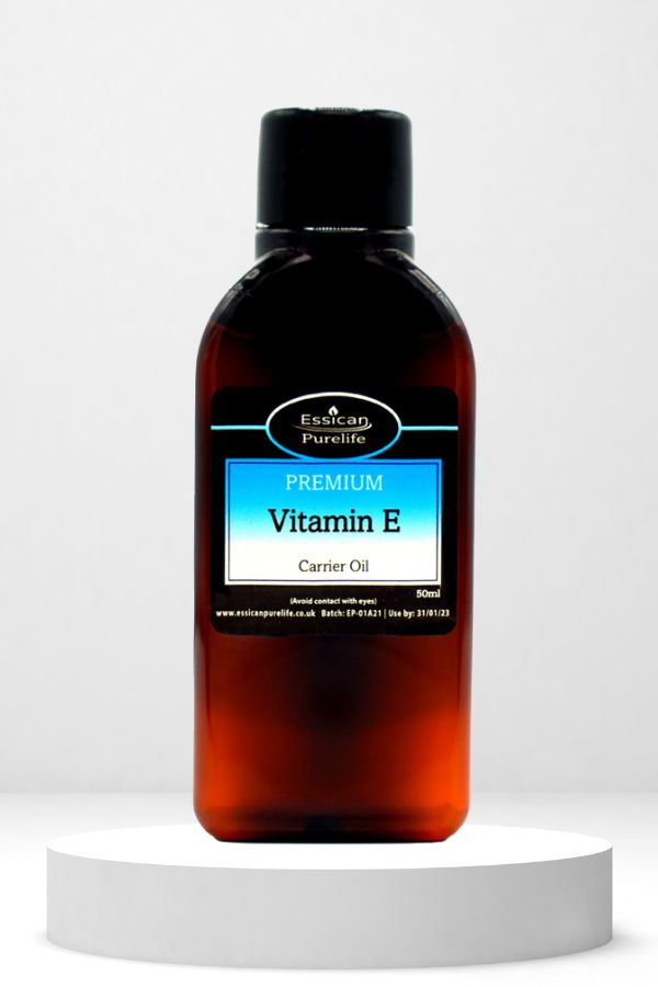 Essican Purelife Vitamin-E oil 50ml in an amber bottle. Free UK delivery.